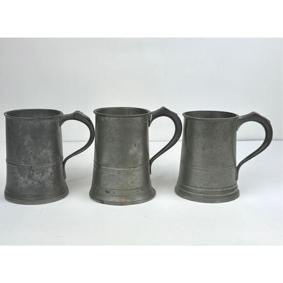 Antique 1800s Lot of 3 Pewter Quart Size Mugs Tankards James Yates VR British EL